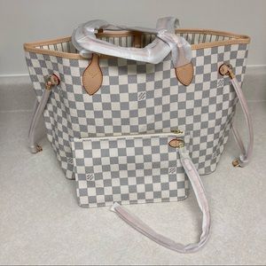 NEW Designer Inspired Grey White Checkered Tote Bag w/ Hang Purse